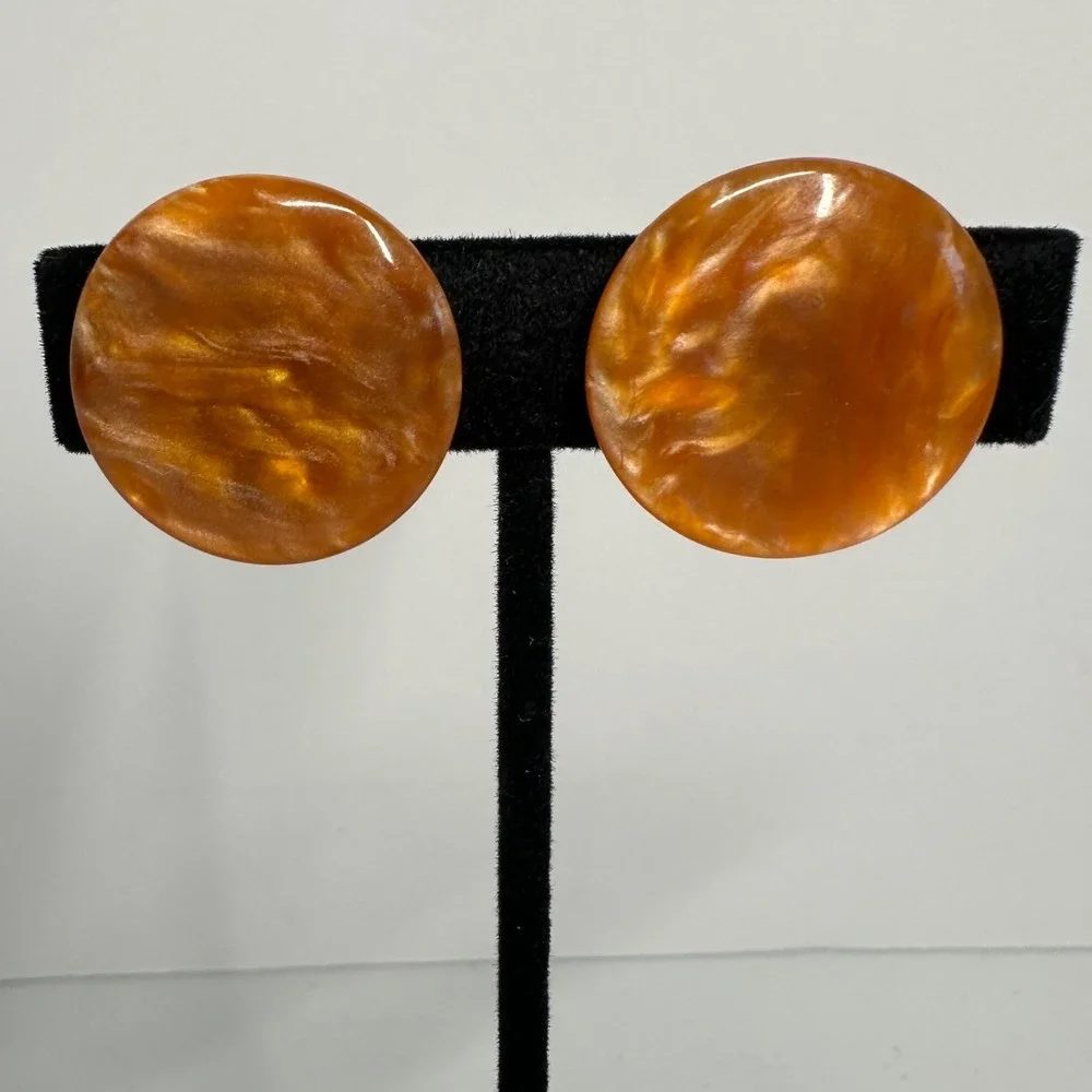Vintage‎ Butterscotch Lucite Earrings Amber Swirl Round Clip On